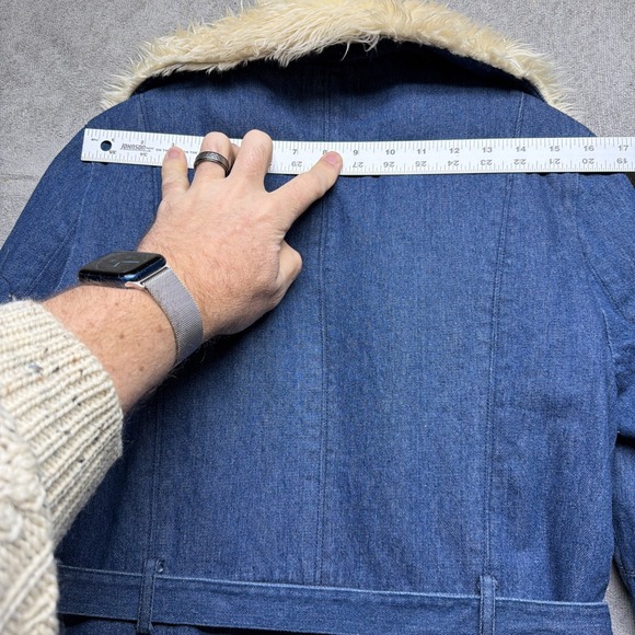 Penny Lane Coat Denim Faux Sherpa Teddy Lined Belted Long Retro 70s Style Large - Picture 9 of 11